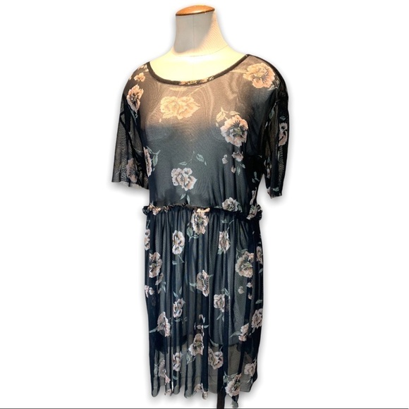 Be. You. tifull Black Mesh Midi Dress Women's Large Flower Prints Short Sleeves - Picture 1 of 8
